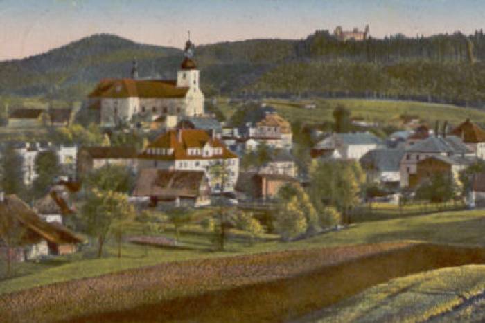Panorama von Rückers bei Glatz und Blick nach der Burg Waldstein 1929
